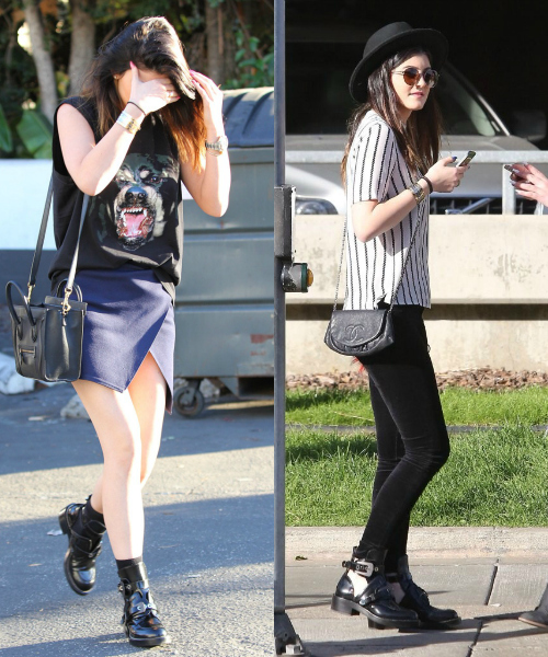Kylie Jenner es una usuaria ferviente de cut out boots, mirá como las combina. En la foto de la izquierda, las lleva con skort y medias negras, en la foto de la derecha, las usan sin medias, con chupines.